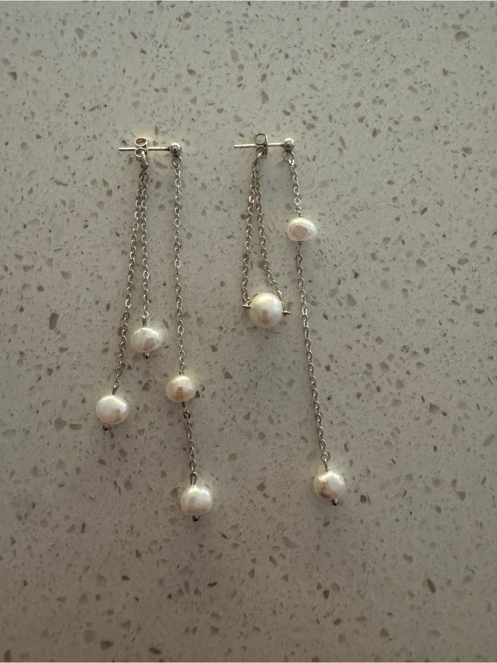 Delicate Asymmetric Bridal Pearl Drop Chain Earrings